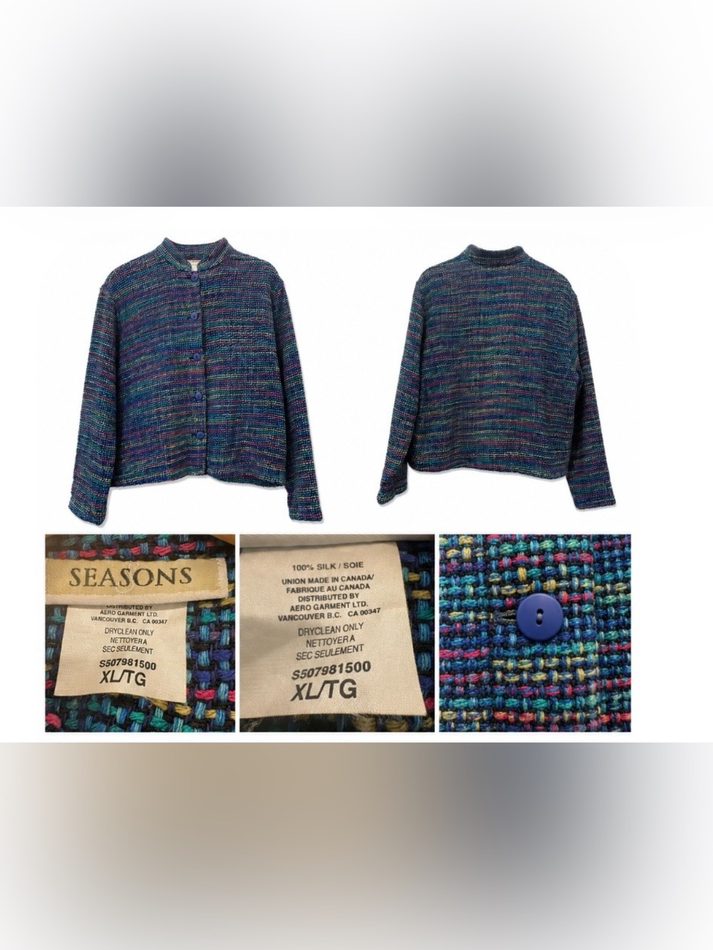 Vintage Seasons Women's Multicolor Silk Button-Up Jacket XL